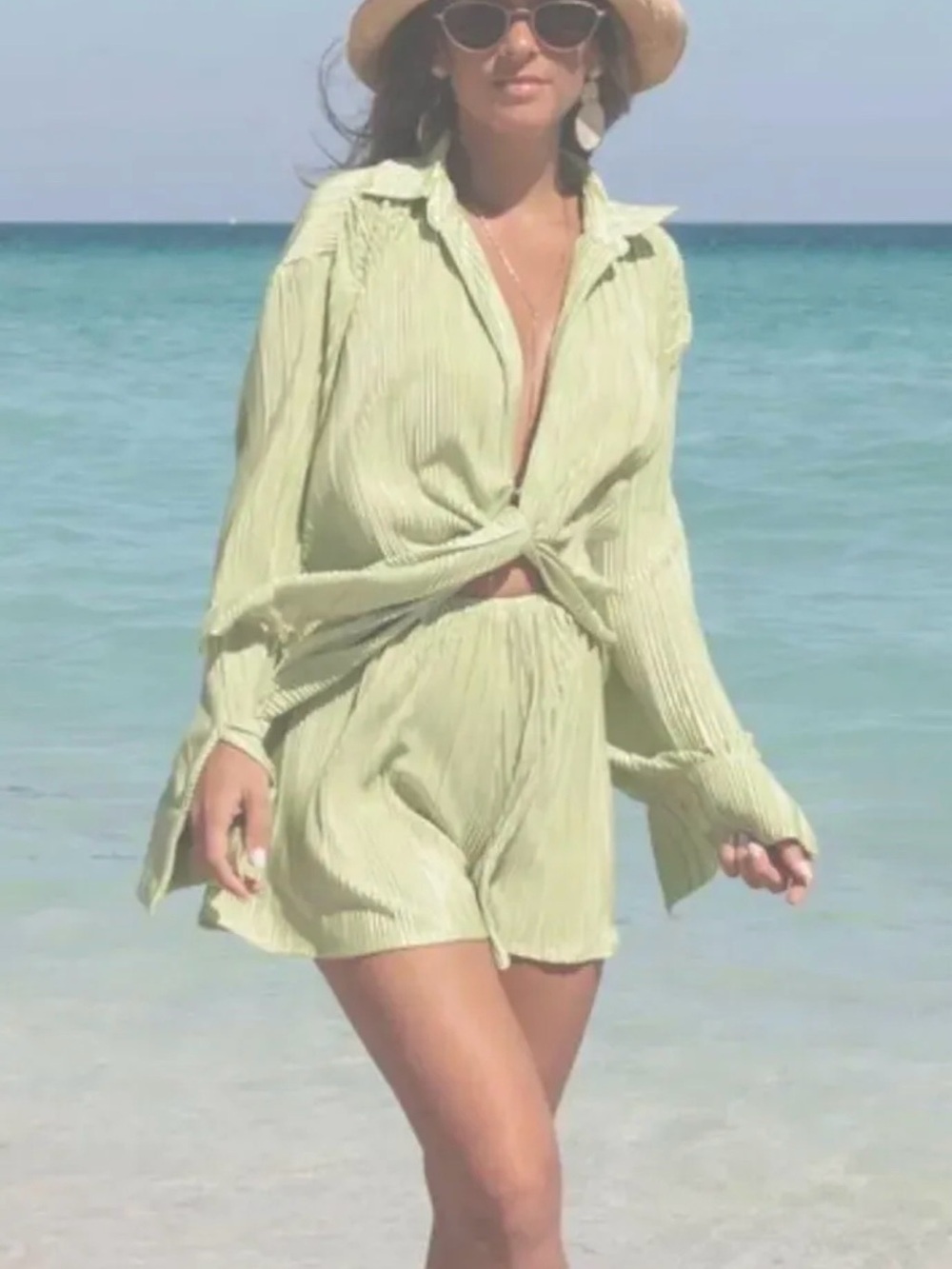 Vici Light Green Two-Piece Button-Down Shirt & Shorts Set